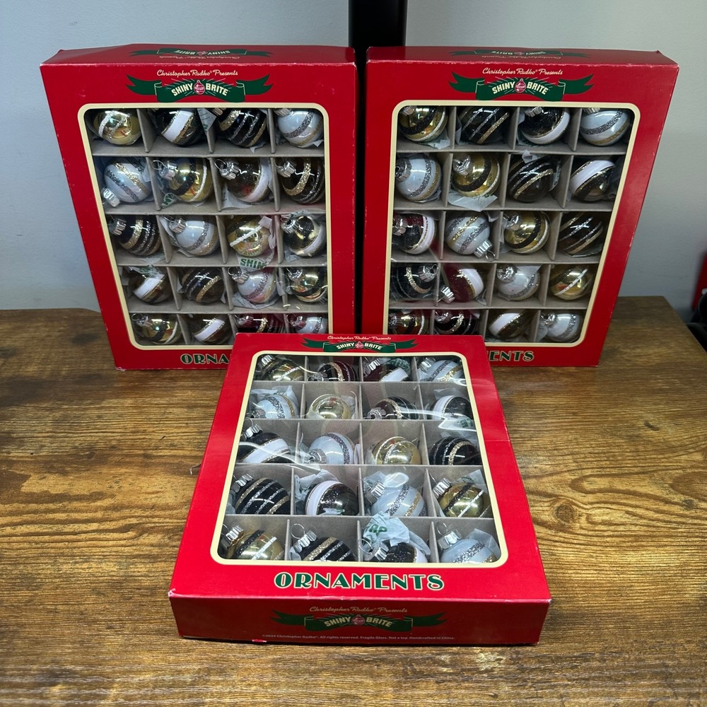 Christopher Radko Shiny Brite Glass Ornaments Black Gold White Set 3 Boxes 60ct